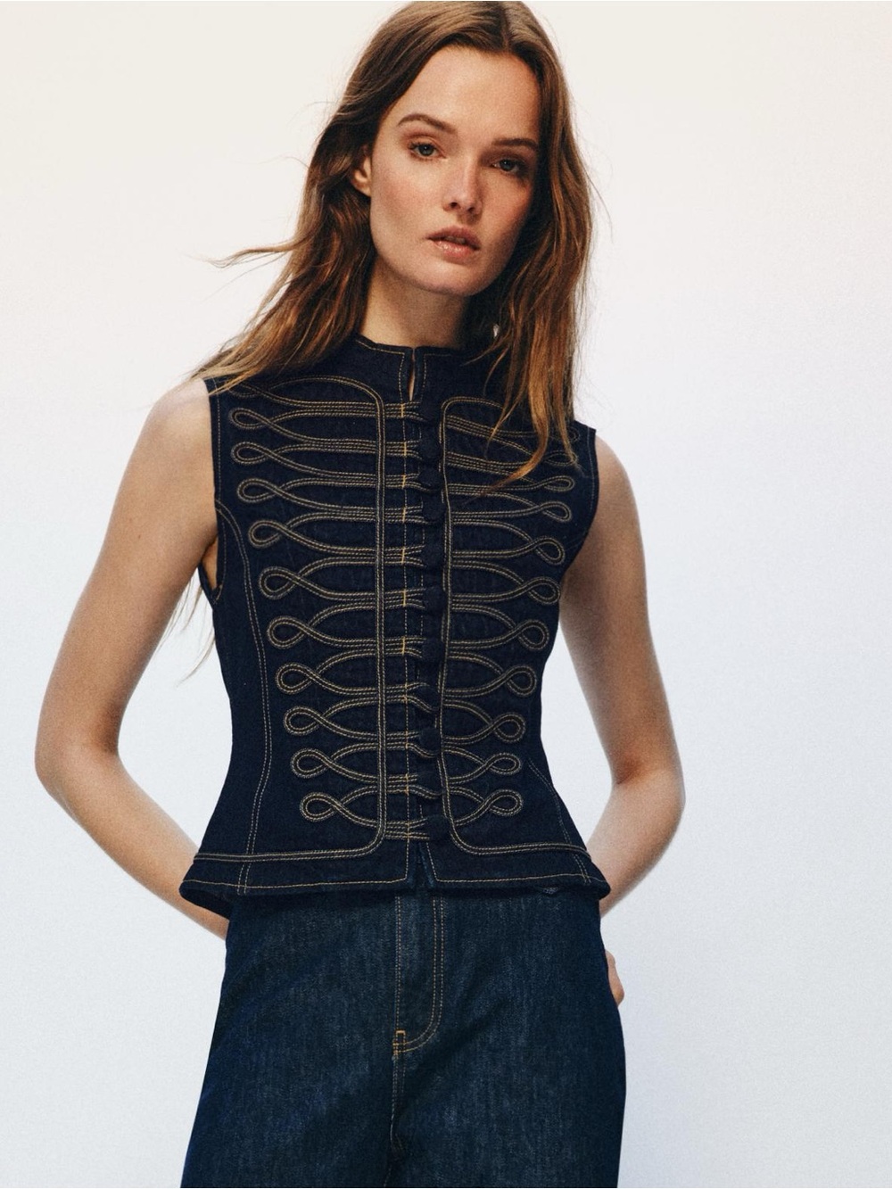 Zara Black Denim Military Vest NWT